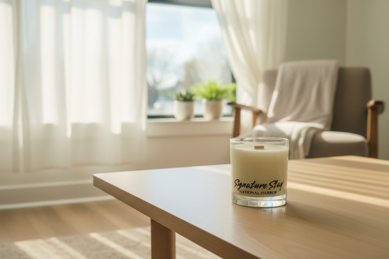 Minimalist Wigenton Candle Co. soy candle with the signature W logo, photographed in a warm, modern living area with soft sunlight, neutral textures, and an intentional, calming atmosphere.