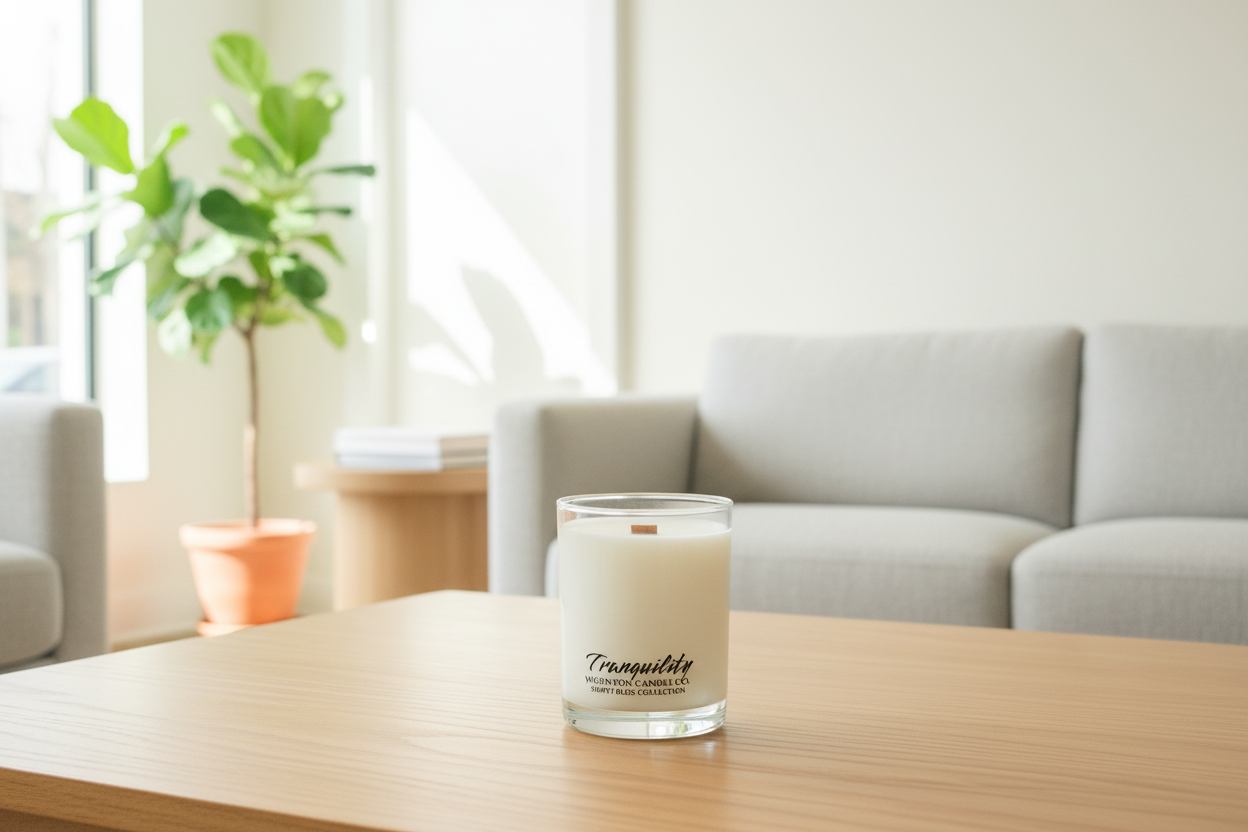Wigenton Candle Co.’s Tranquility soy candle from the Simply Bliss Collection displayed in a bright, minimal living room with natural light, clean lines, and an airy wellness-focused aesthetic.