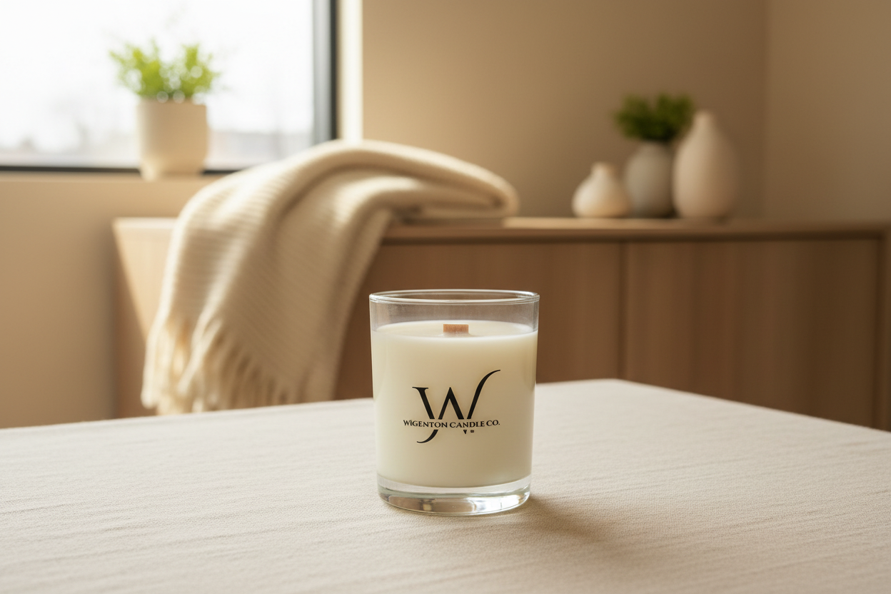 Minimalist Wigenton Candle Co. soy candle with the signature W logo, photographed in a warm, modern living area with soft sunlight, neutral textures, and an intentional, calming atmosphere.