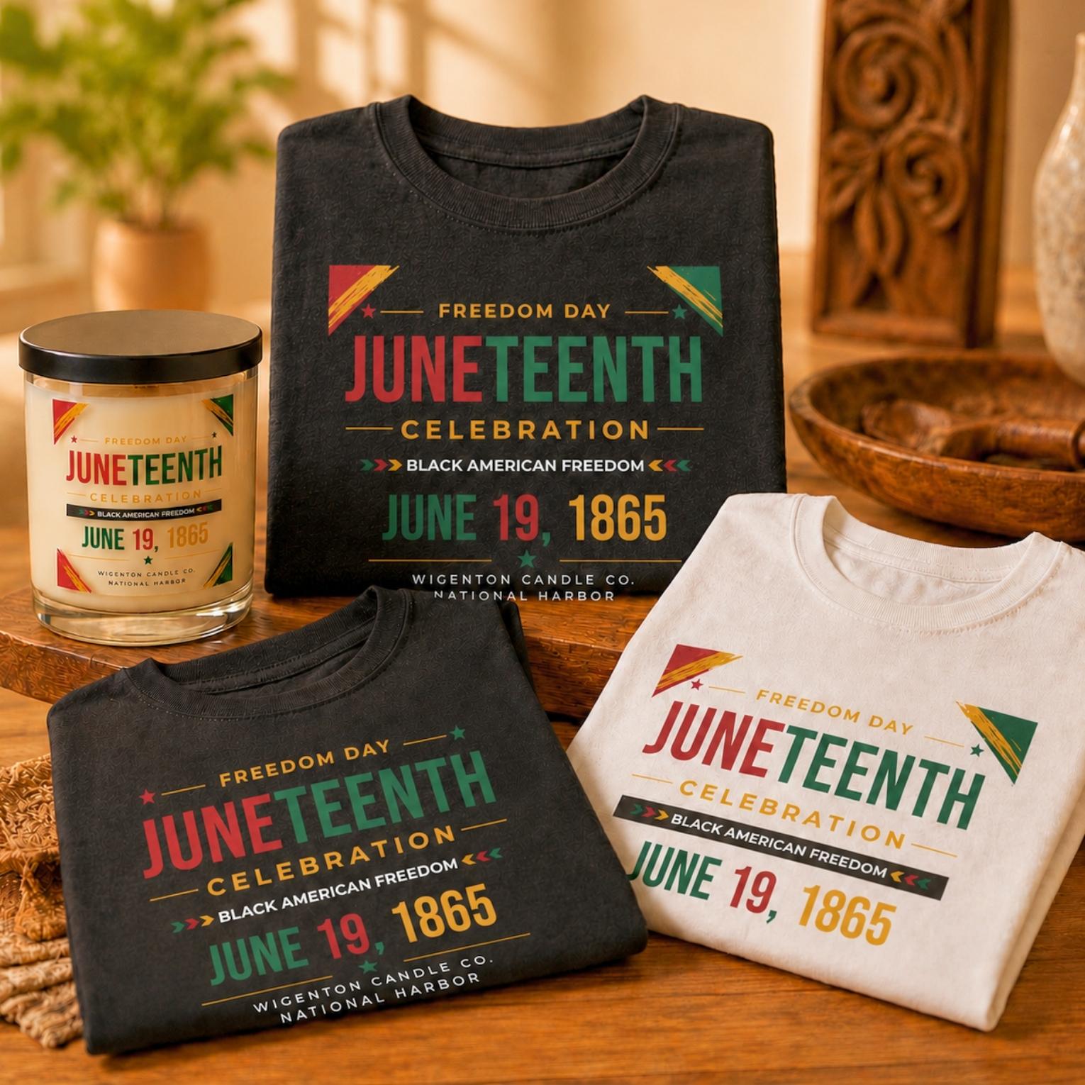 Juneteenth Collection by Wigenton Candle Co. featuring commemorative soy candle, Heritage tees, and Freedom tee honoring Black American freedom and June 19, 1865.