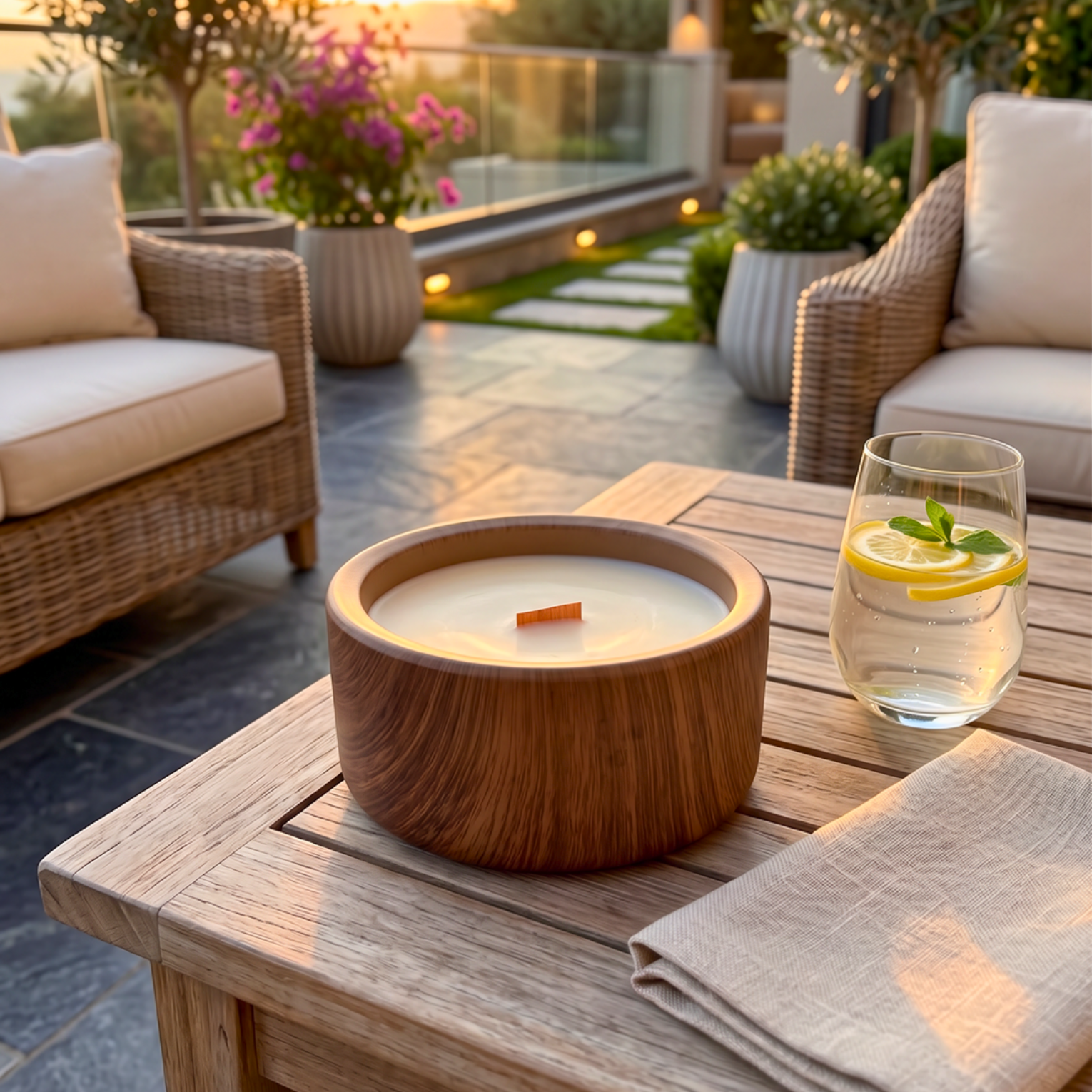 Ceramic bowl with a soy wax candle on a wooden table outdoors with chairs and plants in the background.