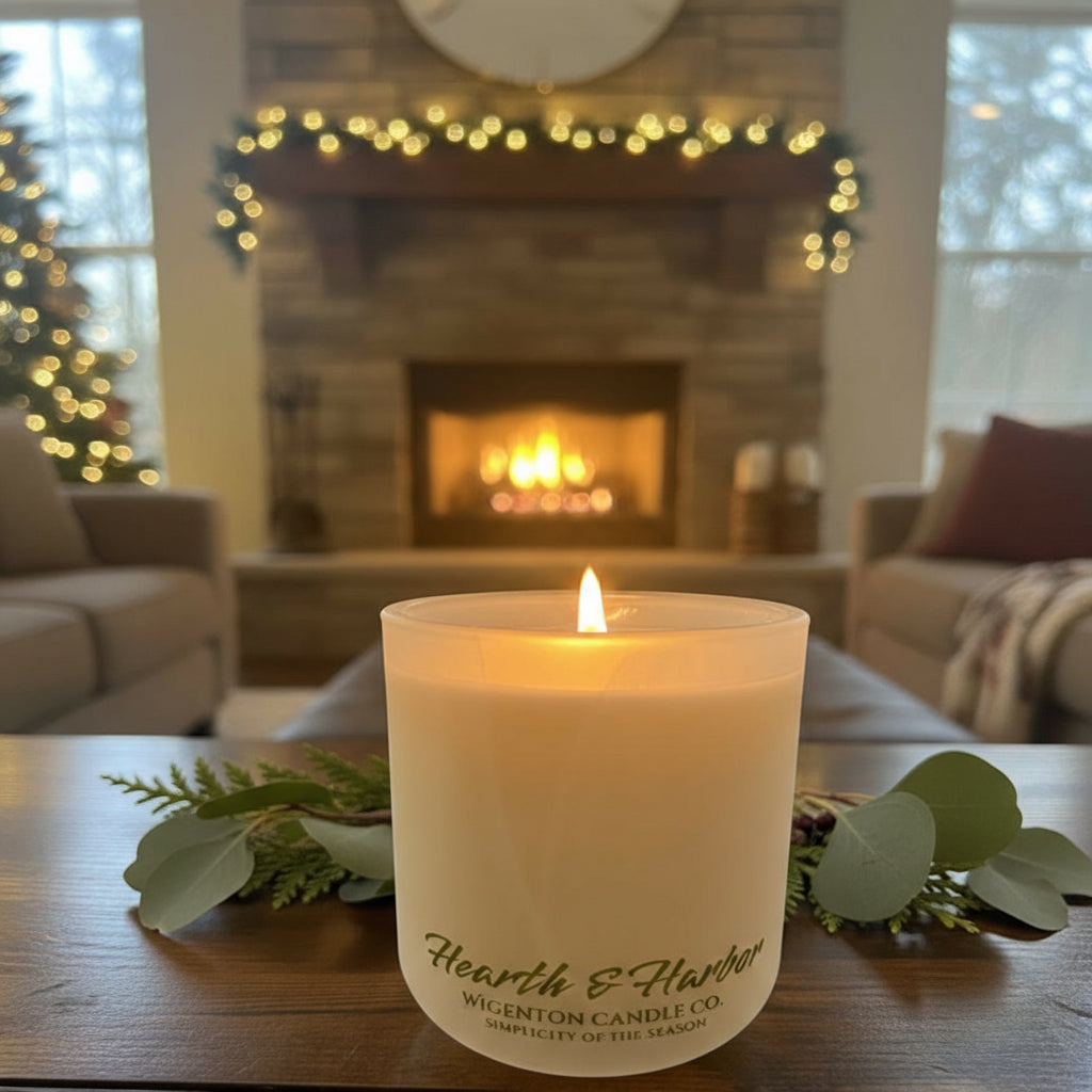 Hearth & Harbor wooden wick soy candle from Wigenton Candle Co. glowing on a wooden table in front of a fireplace with soft holiday lights