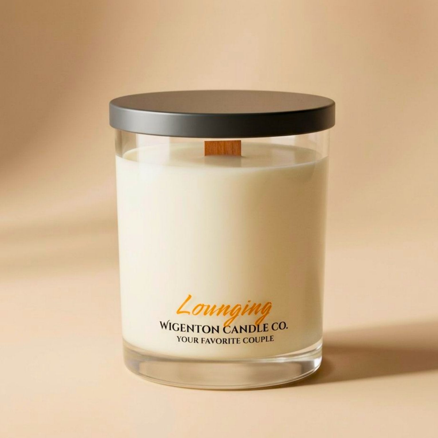 Lounging luxury soy candle by Wigenton Candle Co. inspired by Christina and Eddie with a beige and tan background.