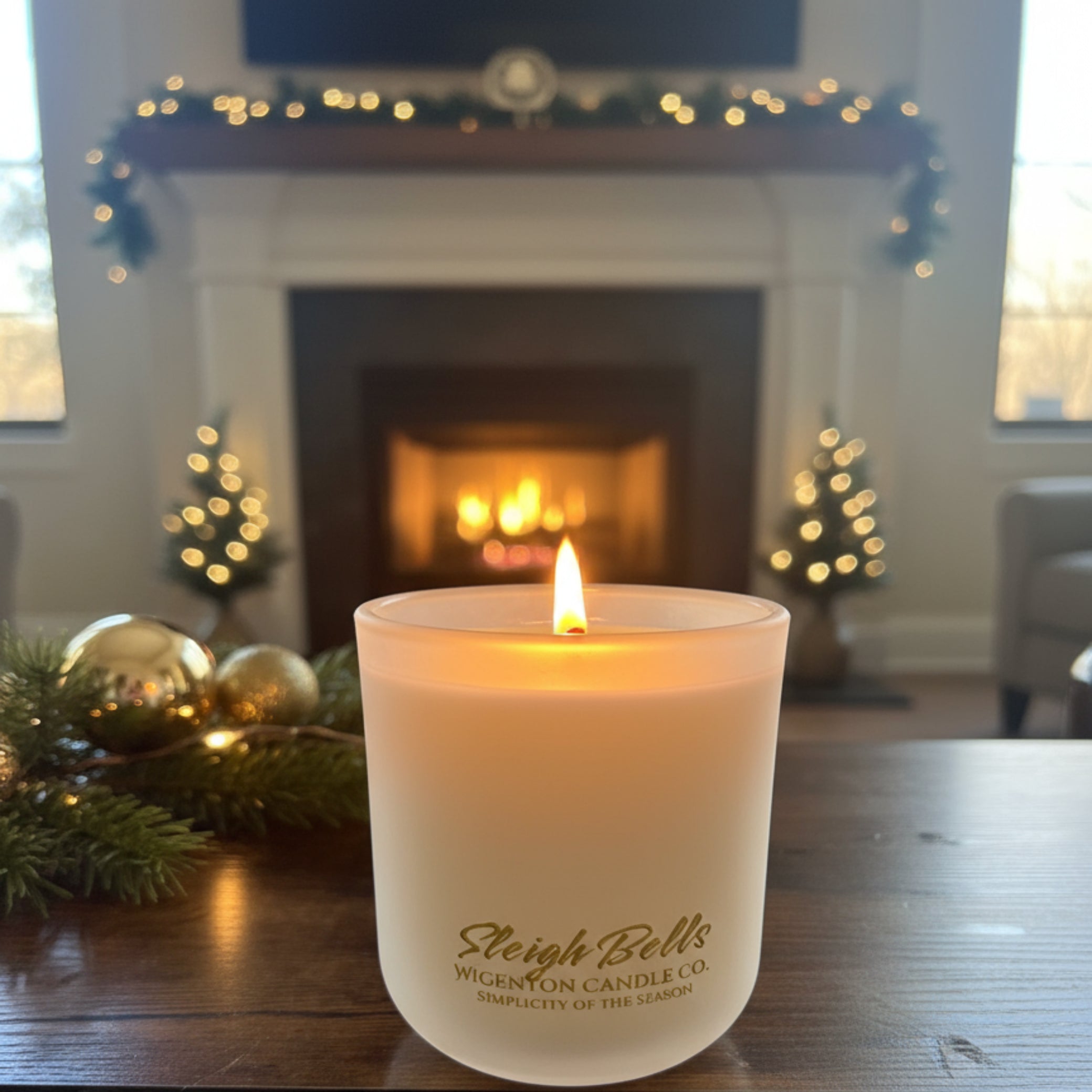 Sleigh Bells wooden wick soy candle from Wigenton Candle Co. on a wooden table with soft holiday light