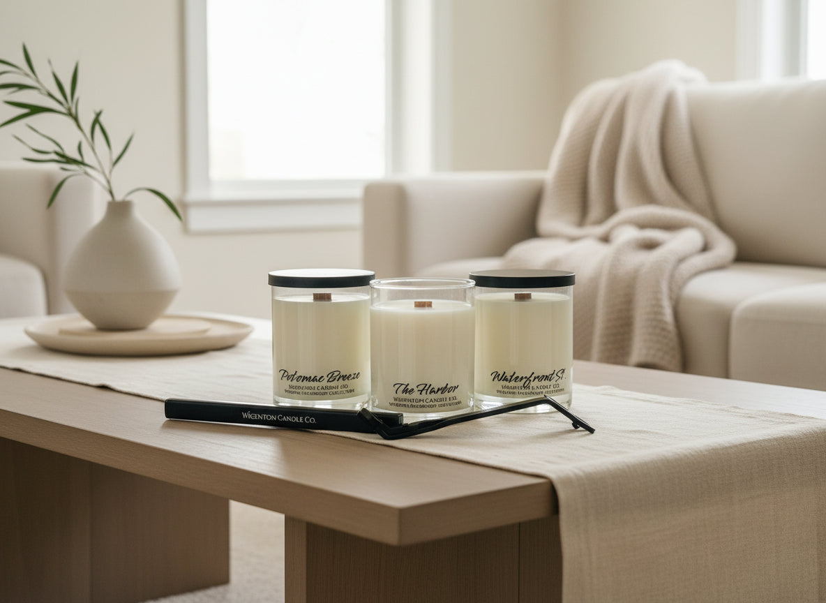 Wigenton Candle Co. luxury soy candles styled in a serene living space, creating a warm, wellness-inspired home fragrance experience.