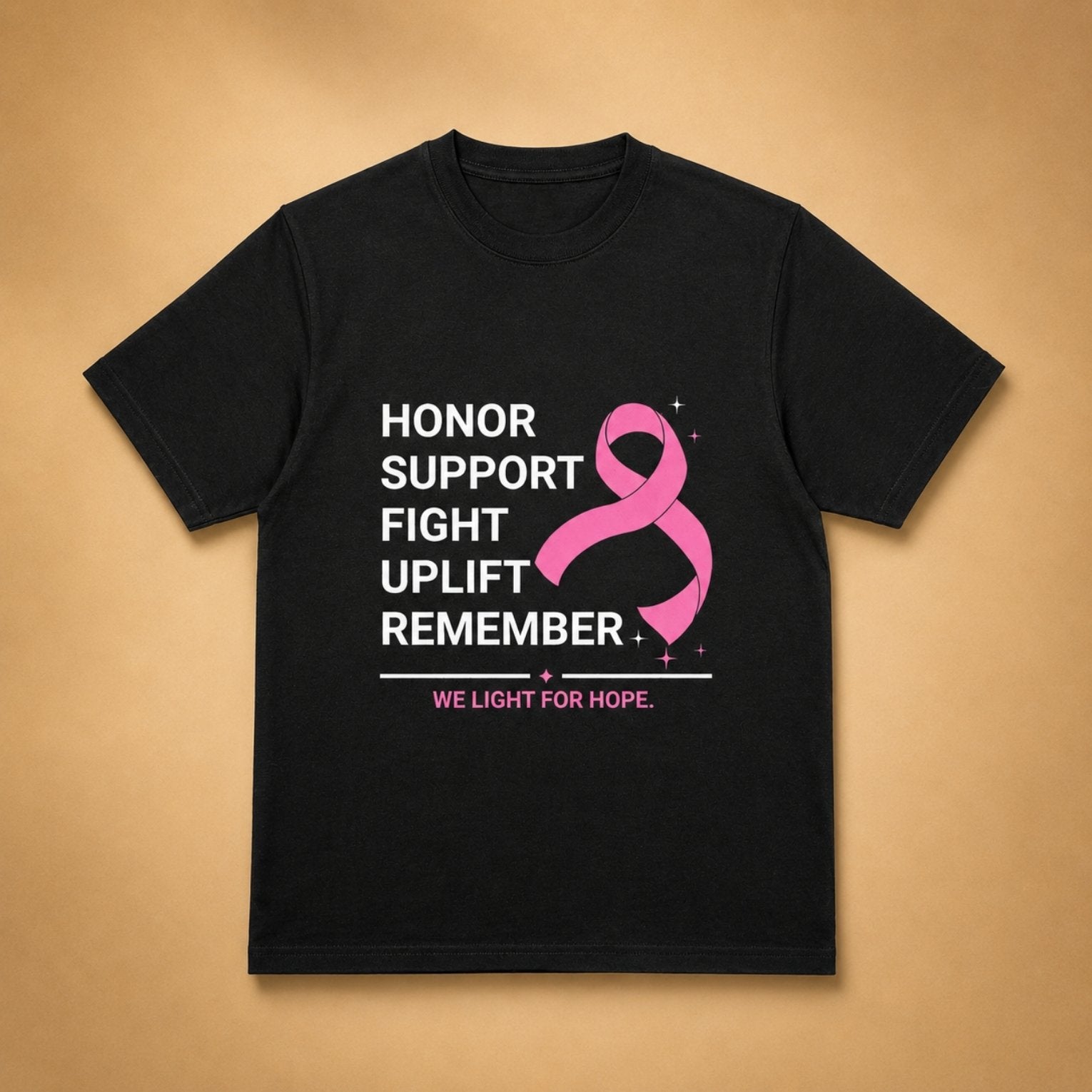 Black We Light for Hope limited-edition tee by Wigenton Candle Co. featuring a pink breast cancer awareness ribbon and Honor, Support, Fight, Uplift, Remember design.