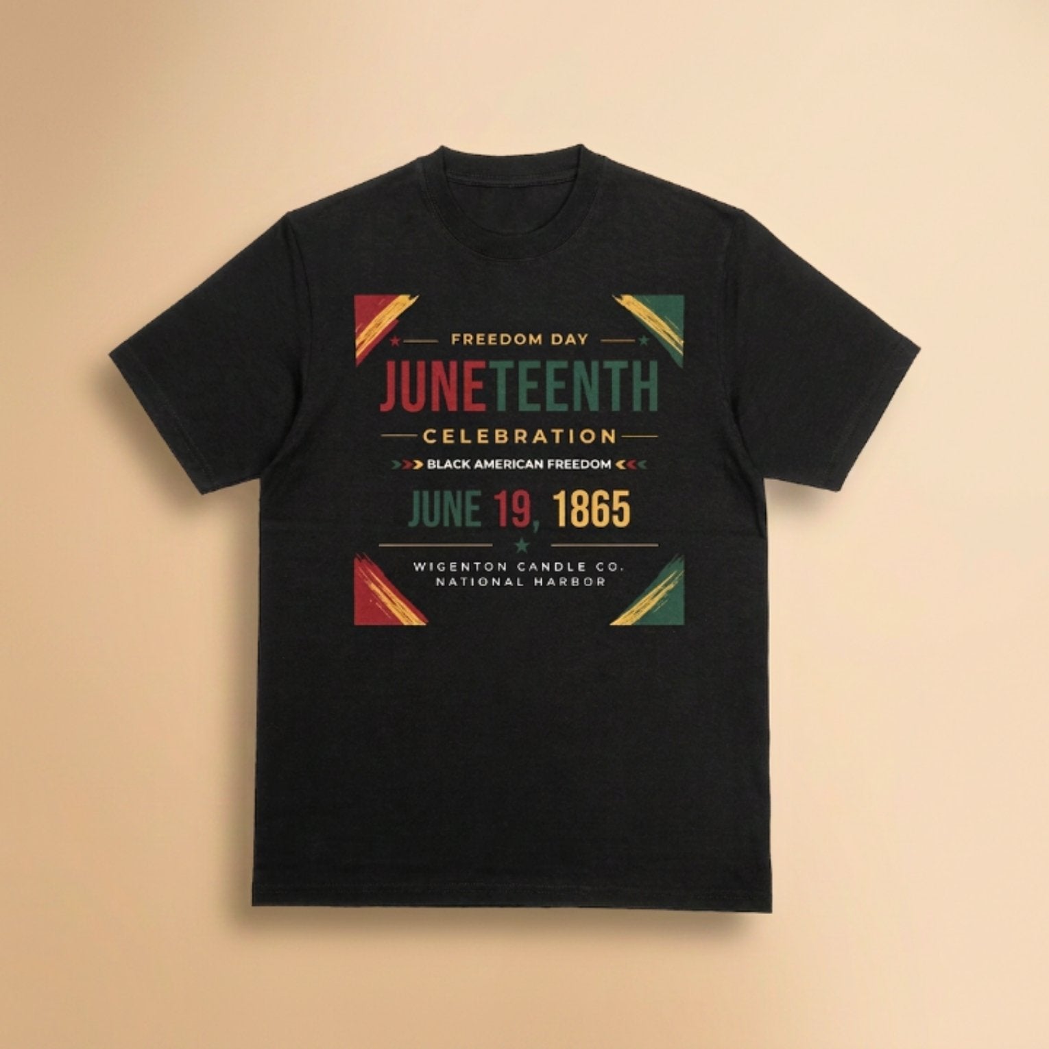 Wigenton Candle Co. Juneteenth Heritage black t-shirt featuring commemorative June 19, 1865 celebration artwork