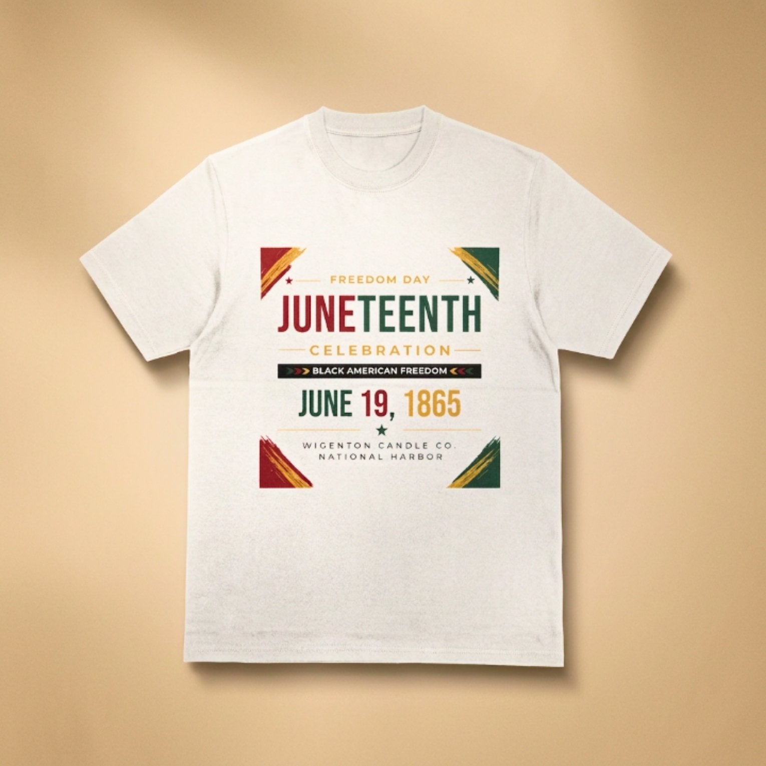 Wigenton Candle Co. Juneteenth Heritage white t-shirt featuring Freedom Day June 19, 1865 commemorative artwork