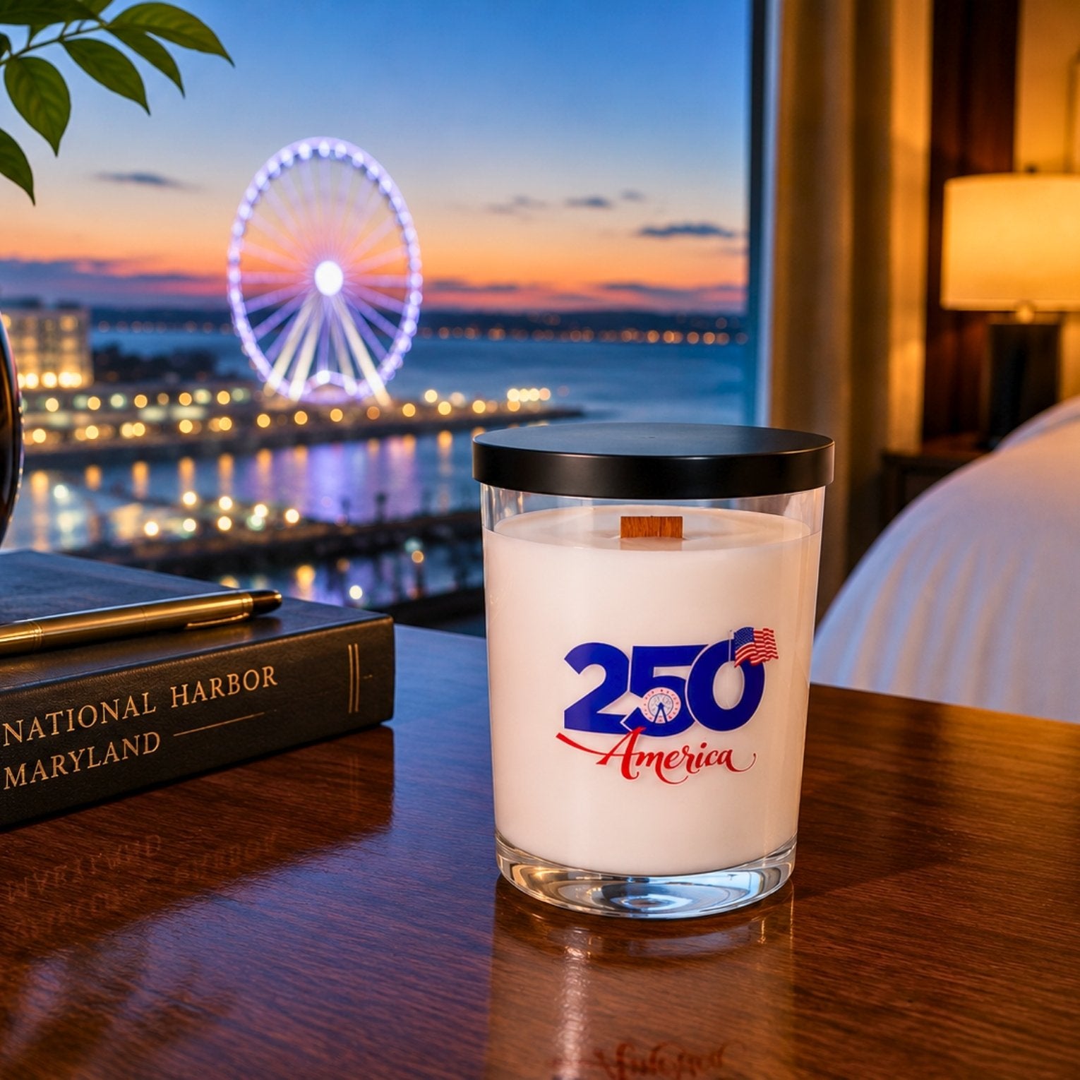 The Harbor 250 Edition candle styled at National Harbor waterfront – limited-edition commemorative candle by Wigenton Candle Co.