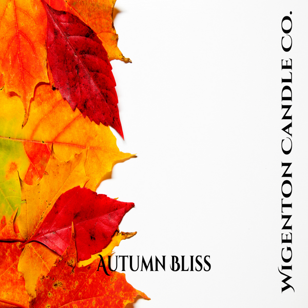 Autumn leaves with 'Autumn Bliss' and 'Wigenton Candle Co.' text on a white background