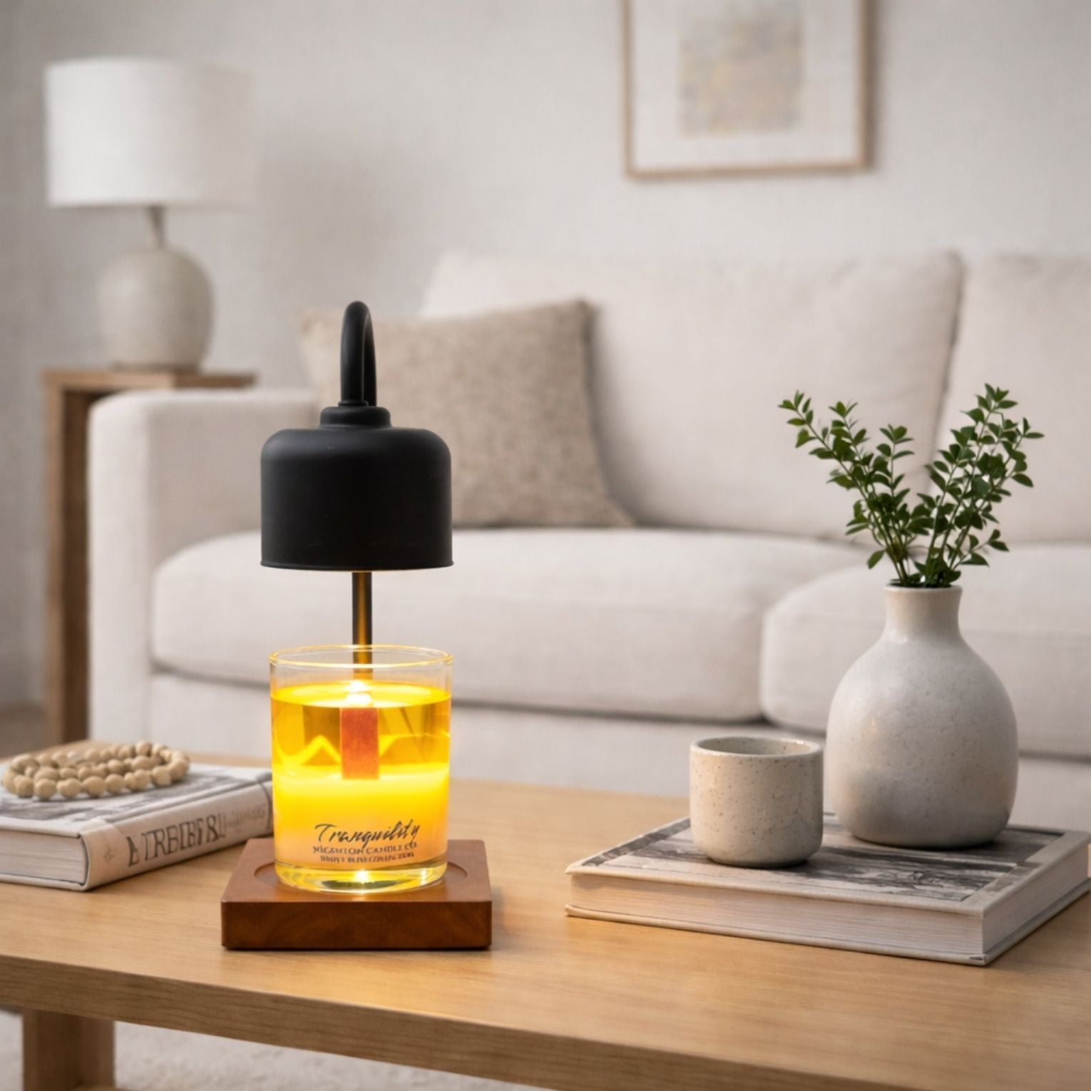 Black arched candle warmer lamp with wood base melting soy candle in living room, flame-free home fragrance