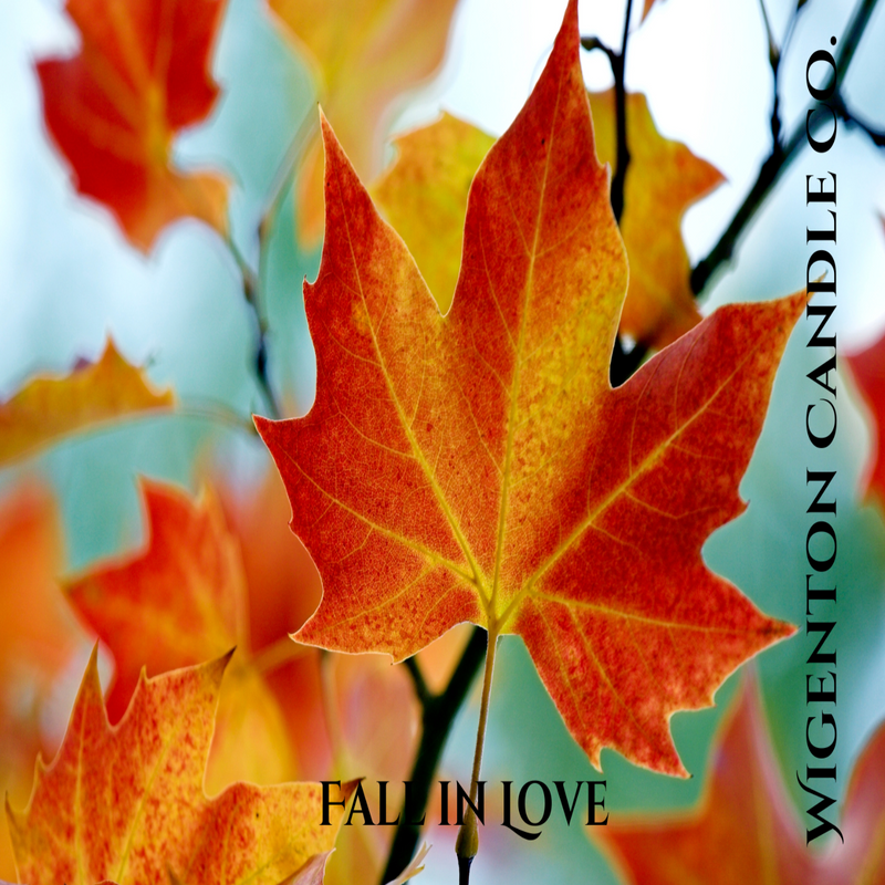 Autumn leaves with 'Wigenton Candle Co.' branding and 'Fall in Love' text.