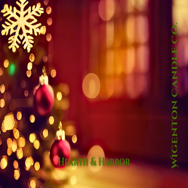 Decorative Christmas scene with lights, ornaments, and 'Hearth & Harbor' branding. This is a fragrance by Wigenton Candle Co. 