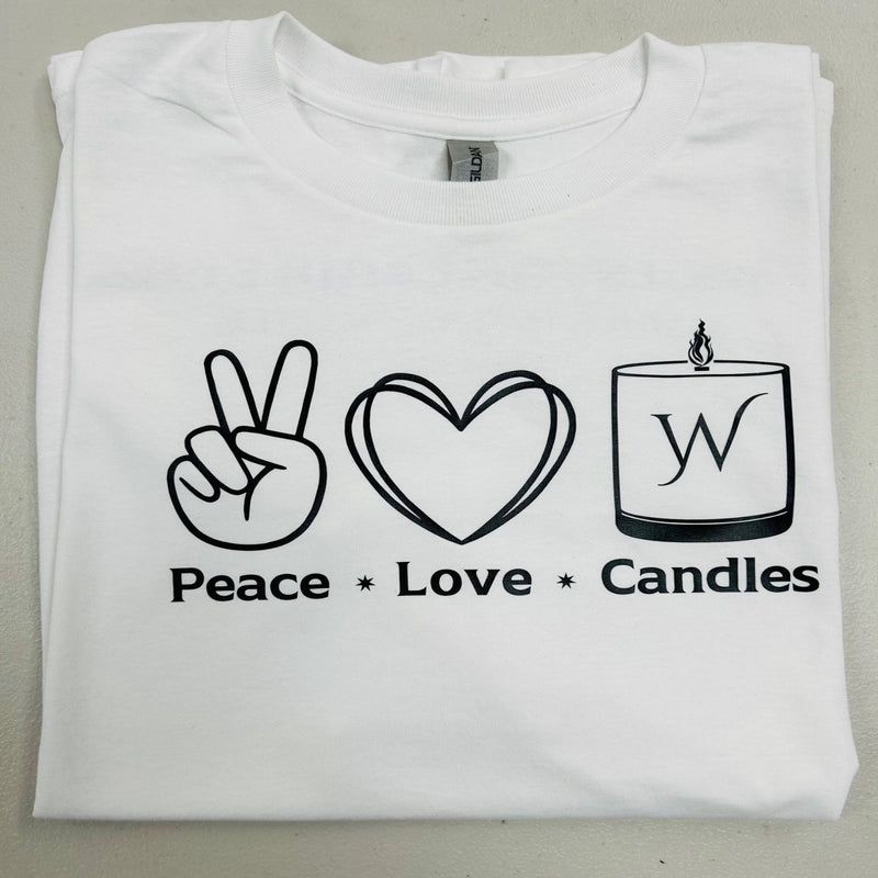 Peace * Love * Candles Wigenton Candle Co. white shirt.