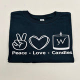 Peace * Love * Candles Wigenton Candle Co. black shirt. 