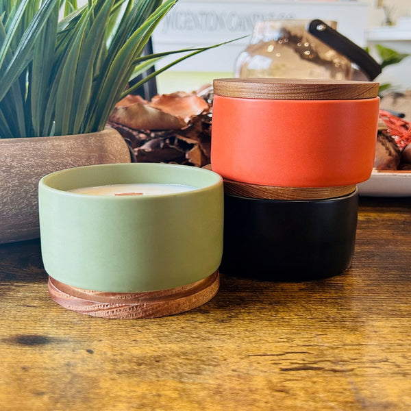 Designed to inspire tranquility and beauty, our Simply Ceramic Collection features an elegant pine lid to enclose the comforting scent of your favorite candles. Crafted with attention to detail, this sophisticated piece is sure to elevate the atmosphere in any room.  In a variety of fragrances that are sure to leave you feeling, relaxed, tranquil, while enjoying the outdoors.
