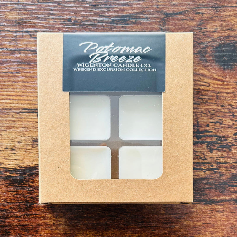 Box of Patomac Breeze wax melts from Wigenton Candle Co. on a wooden surface