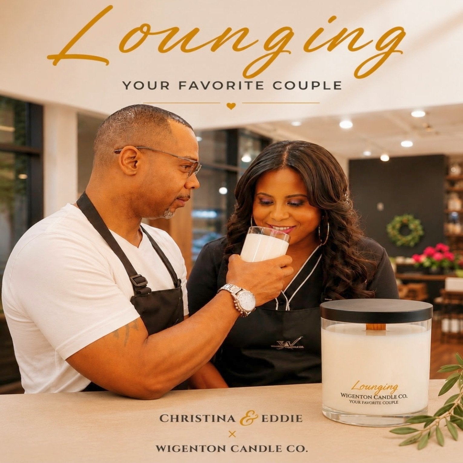 Christina and Eddie Sledge with the Lounging Your Favorite Couple Edition candle by Wigenton Candle Co celebrating meaningful connection through fragrance.
