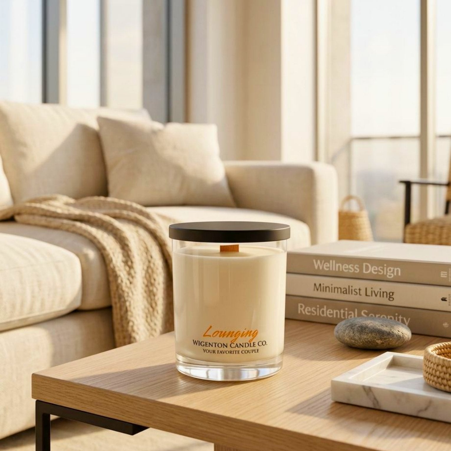 Lounging luxury soy candle by Wigenton Candle Co. inspired by Christina & Eddie displayed in a warm minimalist living room.