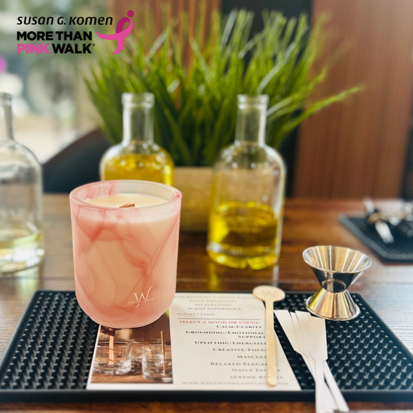 This picture reflects a frost white and pink vessel for the upcoming candle making experience at Wigenton Candle Co. on Oct 11th this is a Susan G Komen partnership