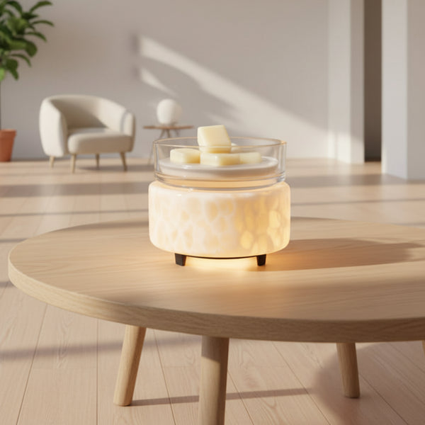 Swirl glass fragrance warmer glowing softly with partially melted wax cubes on top, displayed on a wooden table in a bright modern living room