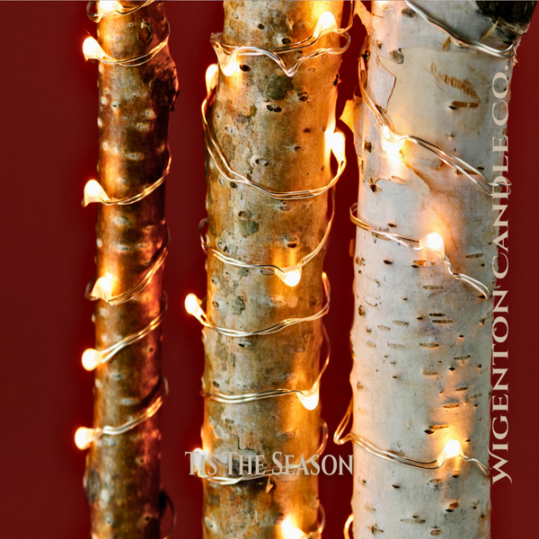 Decorative birch tree with string lights against a red background. This is a fragrance by Wigenton Candle Co. 