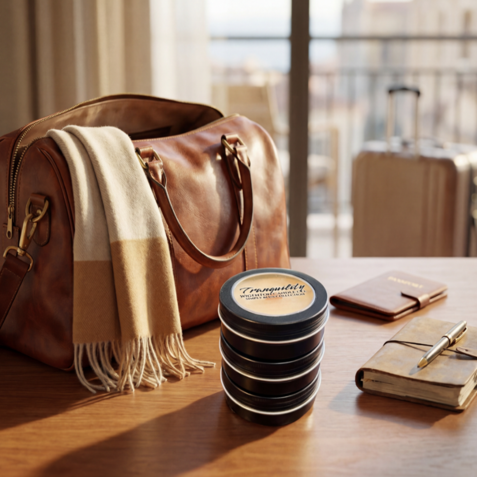 Stack of Wigenton Candle Co. travel tins on a table with a leather duffel bag and blanket in the background.