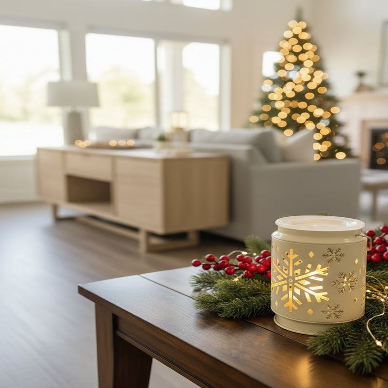 Cream-colored metal fragrance warmer with glowing snowflake cutouts sits on a wooden table decorated with pine garland and red berries in a warmly lit living room, evoking a cozy and festive holiday atmosphere
