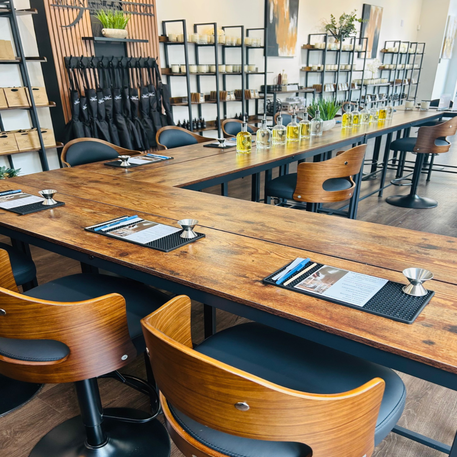 Long wooden studio table used at Wigenton Candle Co. for candle making.