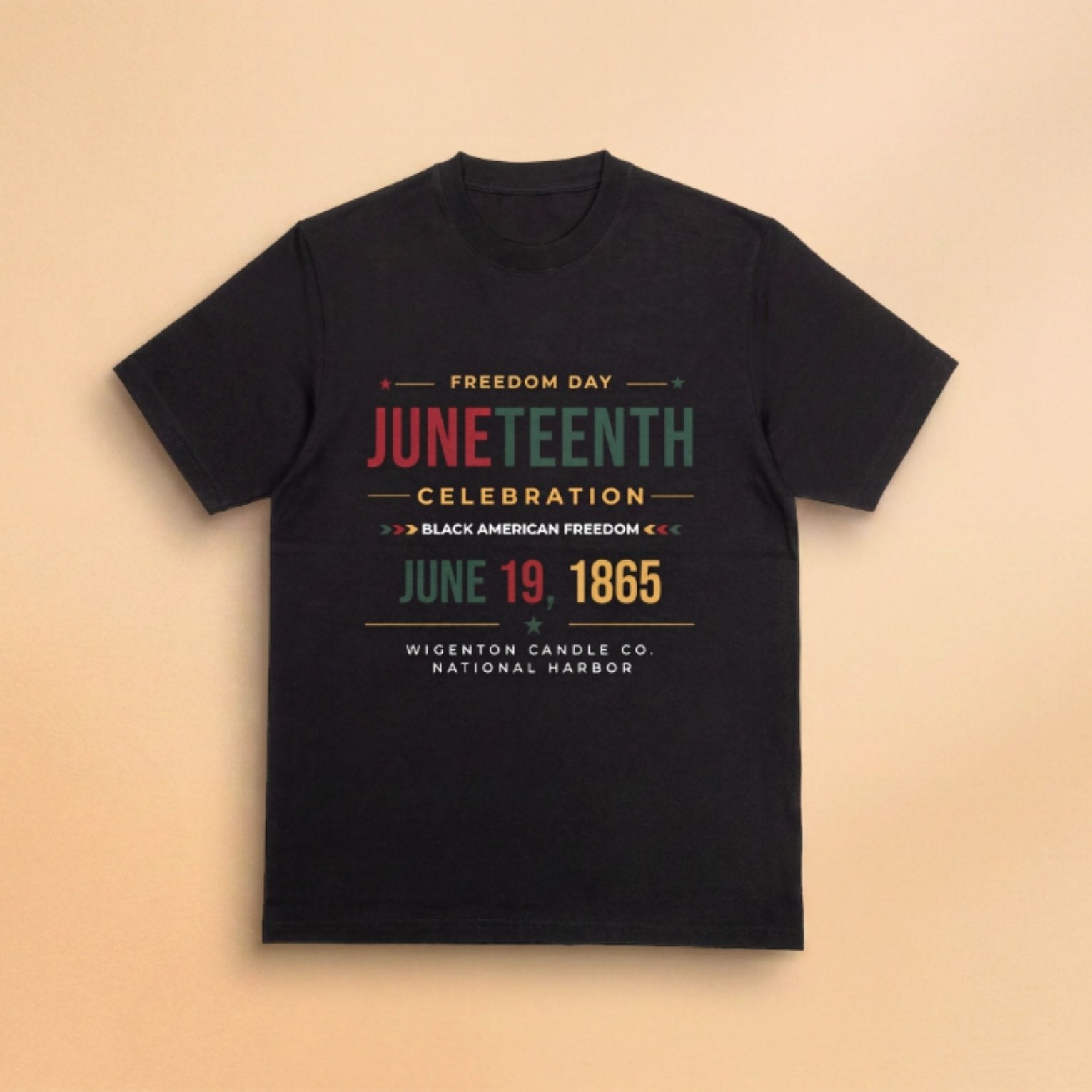 Wigenton Candle Co. Juneteenth Freedom Day black t-shirt featuring commemorative June 19, 1865 celebration design