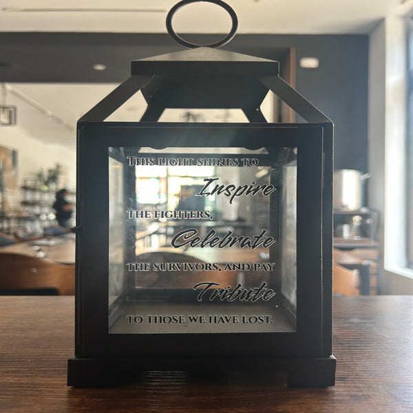 Decorative candle lantern holder with engraved text for breast cancer awareness at Wigenton Candle Co. 