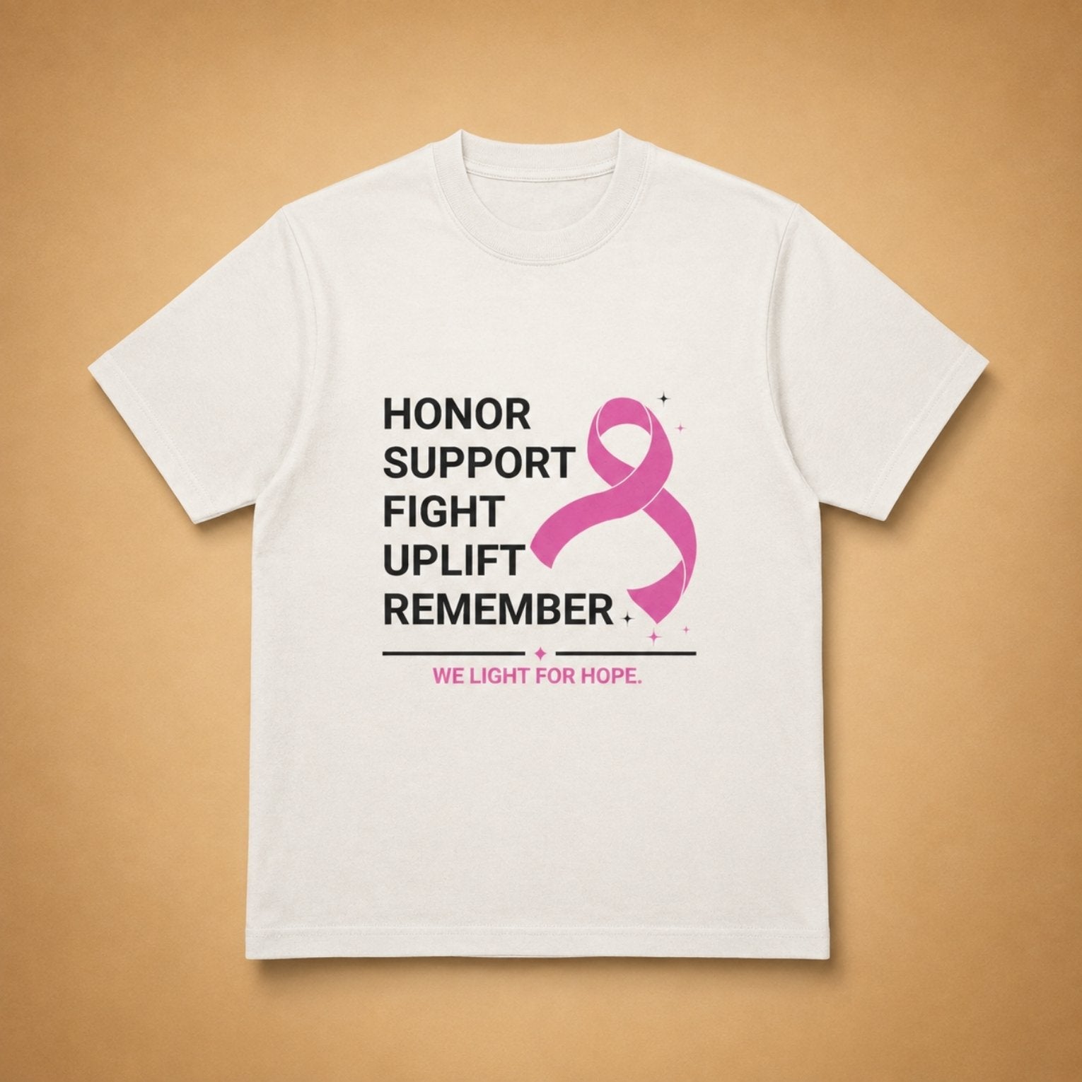 White We Light for Hope limited-edition tee by Wigenton Candle Co. featuring a pink breast cancer awareness ribbon and Honor, Support, Fight, Uplift, Remember design.