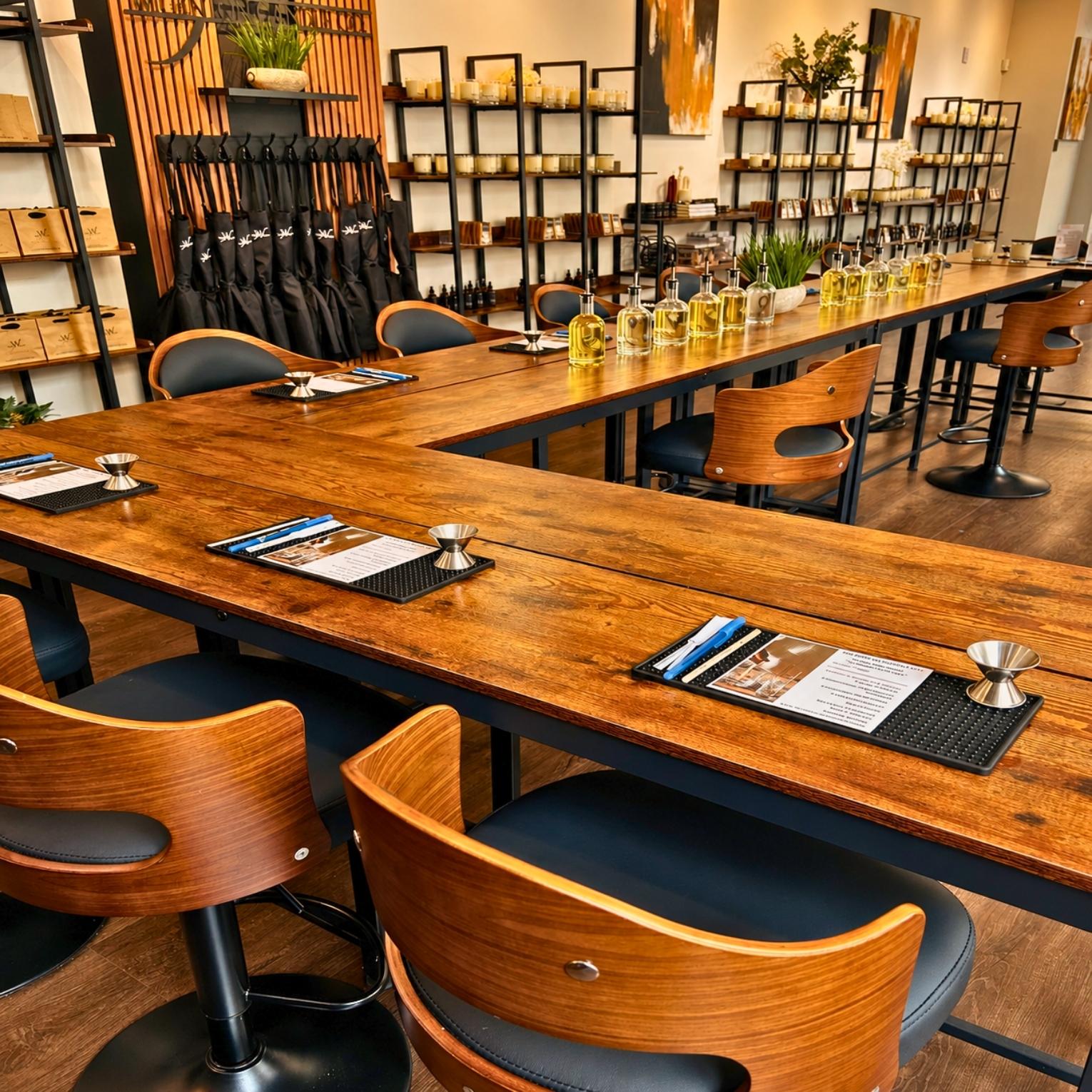 Warmly lit candle-making and scent discovery experience bar at Wigenton Candle Co. in National Harbor featuring fragrance oils, wood tables, and luxury workshop seating.