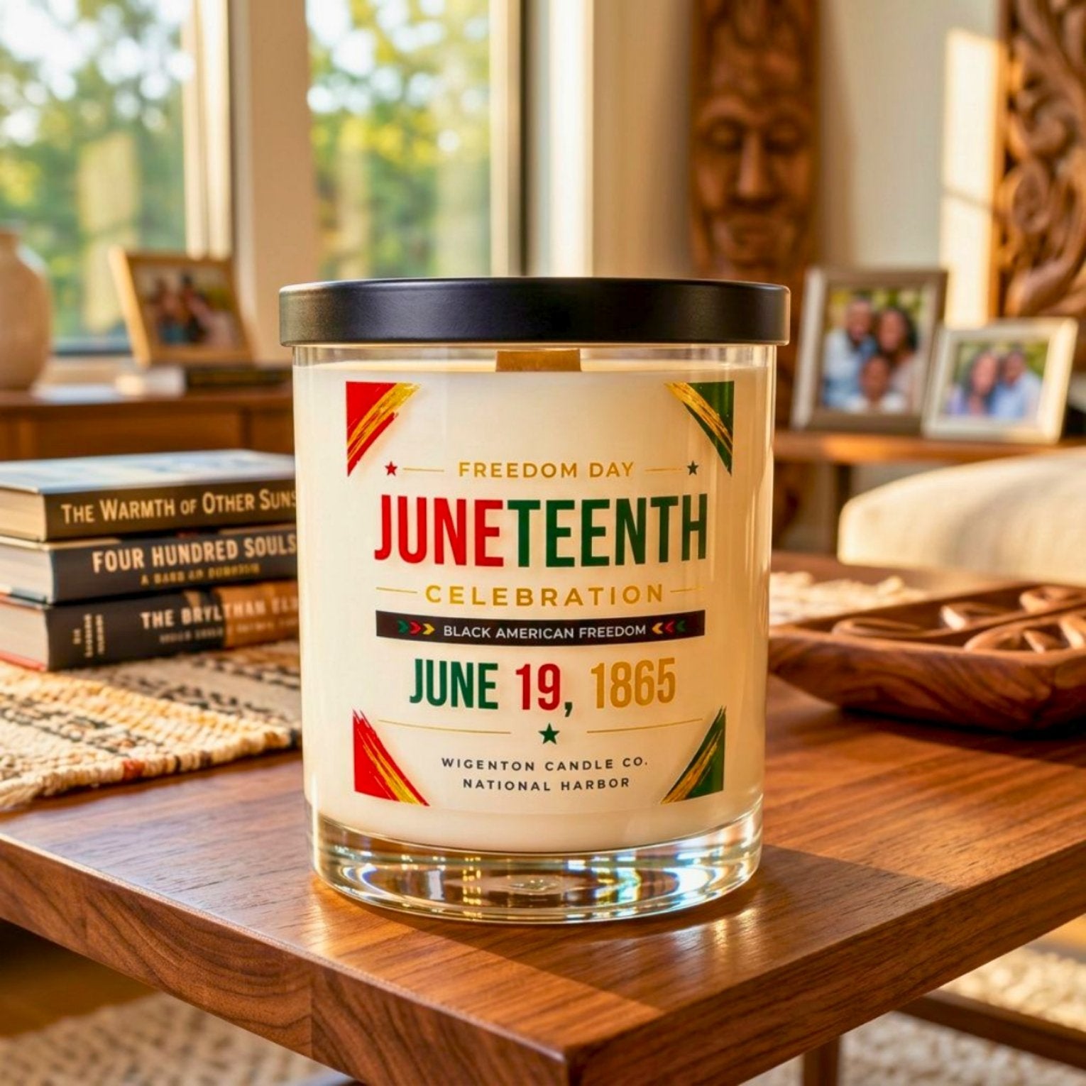 Wigenton Candle Co. Juneteenth commemorative soy candle displayed on a wooden table in a warm family-inspired living space